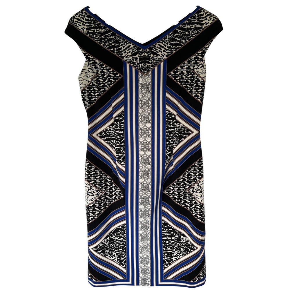 Maggy London NWOT Geometric Print V-Neck Cap Sleeve Sheath Dress‎ Blue Black 8